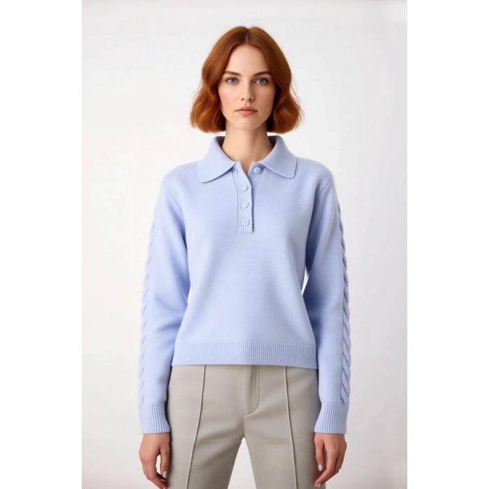 Kadın Regular Kalıp Saç Örgü Detaylı Polo Yaka Orta Kalınlık Triko Kışlık Uzun Kollu Kazak