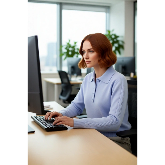 Kadın Regular Kalıp Saç Örgü Detaylı Polo Yaka Orta Kalınlık Triko Kışlık Uzun Kollu Kazak