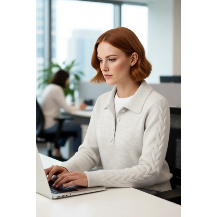 Kadın Regular Kalıp Saç Örgü Detaylı Polo Yaka Orta Kalınlık Triko Kışlık Uzun Kollu Kazak