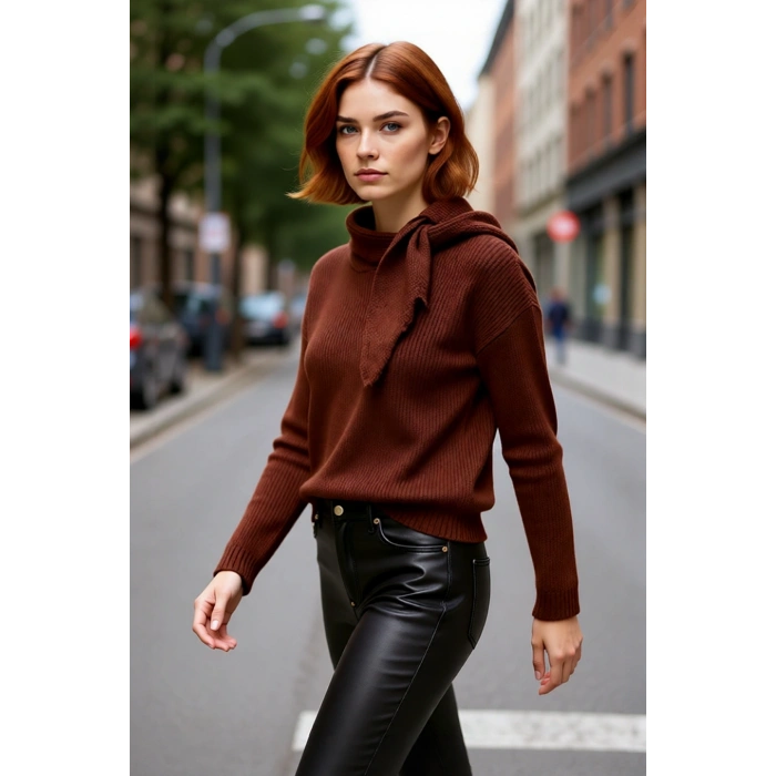 Kadın Regular Kalıp Şal Yaka Düşük Kol Triko Kazak Kış ve Sonbahar Günlerine Özel Kombinler İçin