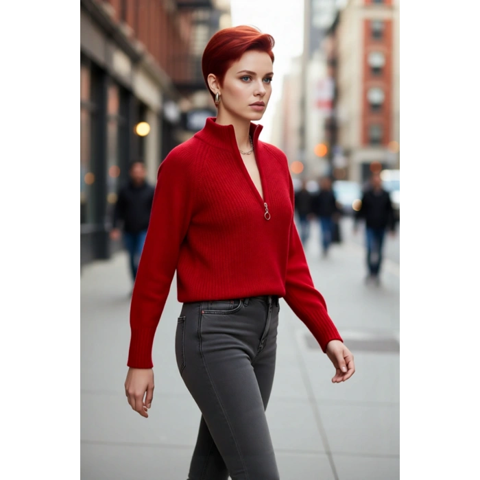 Kadın Regular Kalıp Selanik Örgü Fermuarlı Dik Yaka Crop Triko Kazak Soğuk Havaların Şık Seçimi