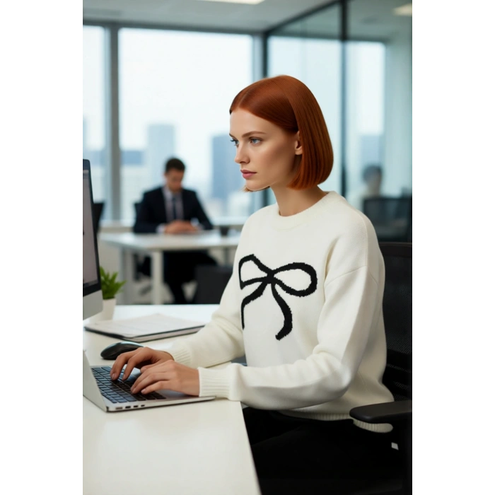 Kadın Regular Kalıp Şık Fiyonk Desenli Bisiklet Yaka Uzun Kollu Triko Kazak Kış Kombini Kaliteli