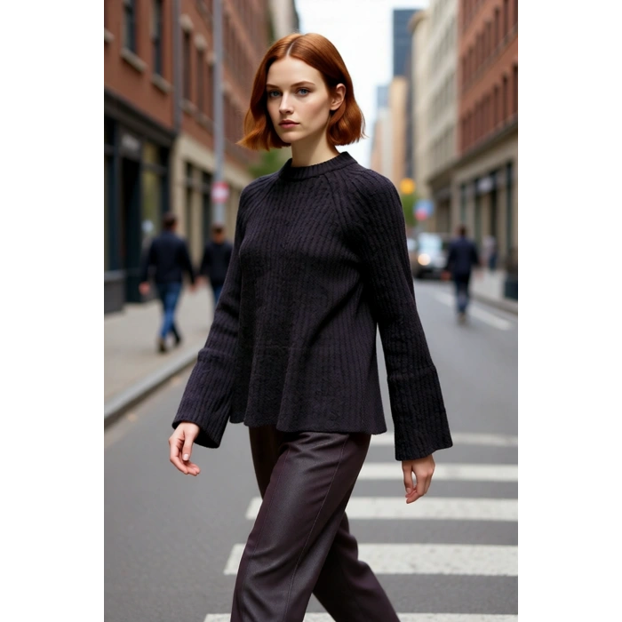 Kadın Regular Kalıp Sürdürülebilir Triko Kazak Reglan Kollu Peplum Detaylı Orta Kalınlıkta Günlük