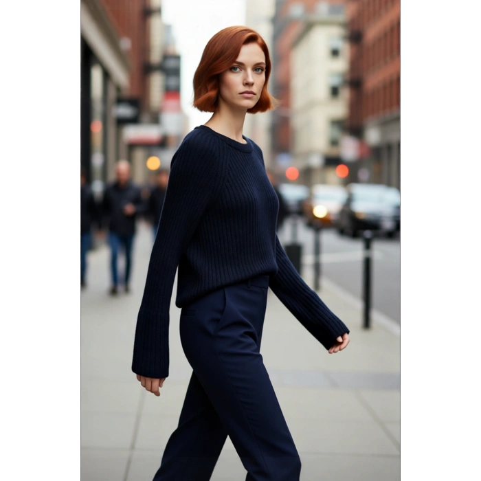 Kadın Regular Kalıp Sürdürülebilir Triko Kazak Reglan Kollu Peplum Detaylı Orta Kalınlıkta Günlük