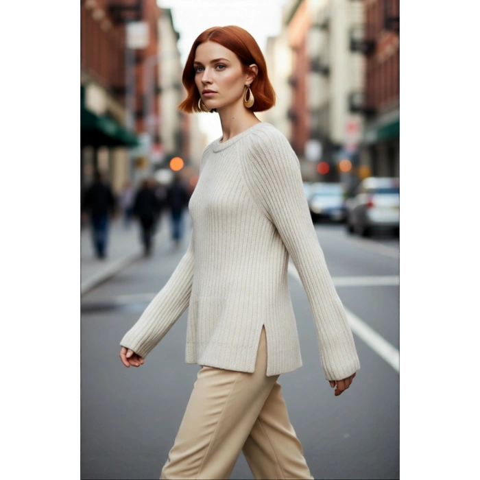 Kadın Regular Kalıp Sürdürülebilir Triko Kazak Reglan Kollu Peplum Detaylı Orta Kalınlıkta Günlük