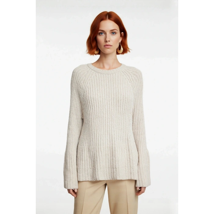 Kadın Regular Kalıp Sürdürülebilir Triko Kazak Reglan Kollu Peplum Detaylı Orta Kalınlıkta Günlük