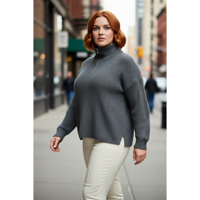 Kadın Regular Kalıp Uzun Düşük Kollu Fermuarlı Dik Yaka Selanik Dokuma Basic Triko Kazak Kaliteli