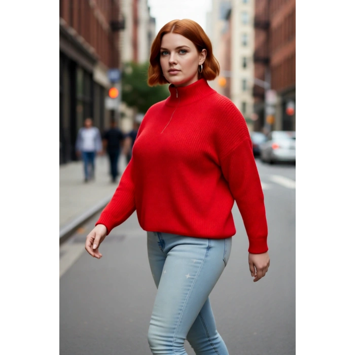 Kadın Regular Kalıp Uzun Düşük Kollu Fermuarlı Dik Yaka Selanik Dokuma Basic Triko Kazak Kaliteli