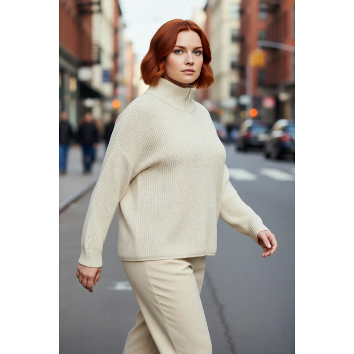 Kadın Regular Kalıp Uzun Düşük Kollu Fermuarlı Dik Yaka Selanik Dokuma Basic Triko Kazak Kaliteli