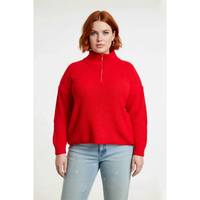 Kadın Regular Kalıp Uzun Düşük Kollu Fermuarlı Dik Yaka Selanik Dokuma Basic Triko Kazak Kaliteli