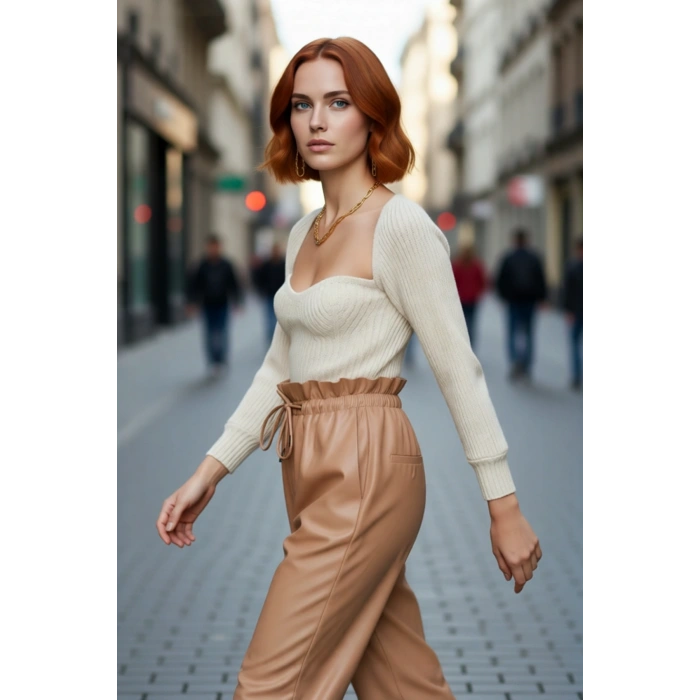 Kadın Regular Kalıp Uzun Kollu Crop Kahverengi Kalp Yaka Fitilli Akrilik Triko Kazak Günlük Şıklık