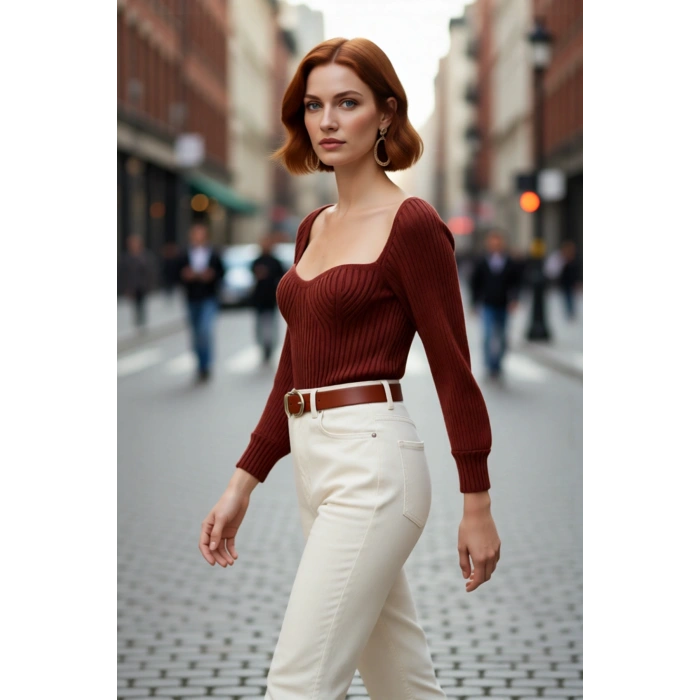 Kadın Regular Kalıp Uzun Kollu Crop Kahverengi Kalp Yaka Fitilli Akrilik Triko Kazak Günlük Şıklık