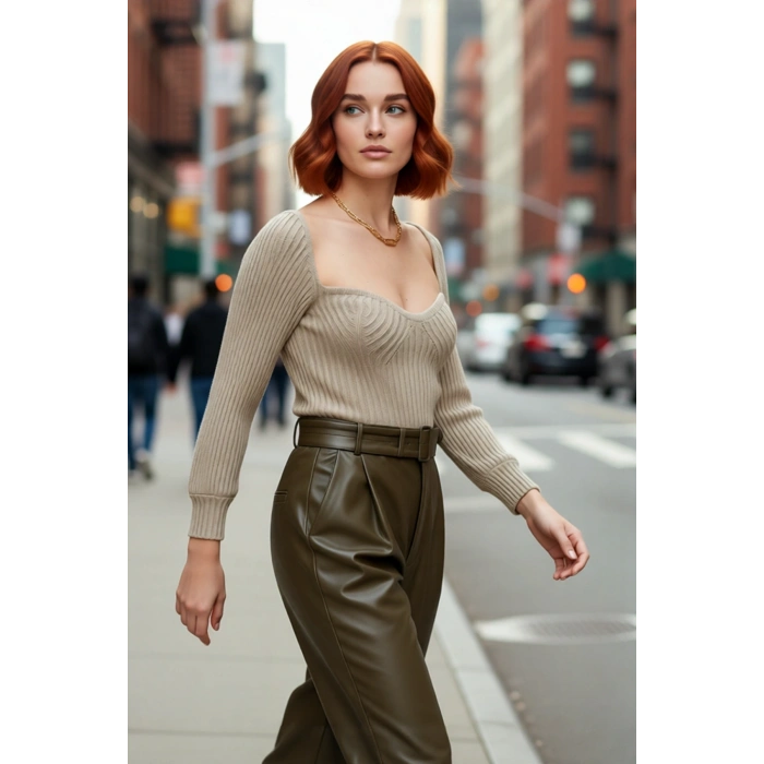 Kadın Regular Kalıp Uzun Kollu Crop Kahverengi Kalp Yaka Fitilli Akrilik Triko Kazak Günlük Şıklık