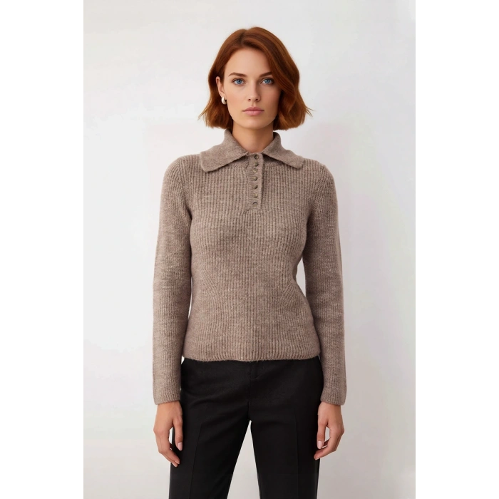 Kadın Regular Kalıp Uzun Kollu Polo Yaka Düğmeli Triko Kazak Günlük Şık Soğuk Havalar İçin