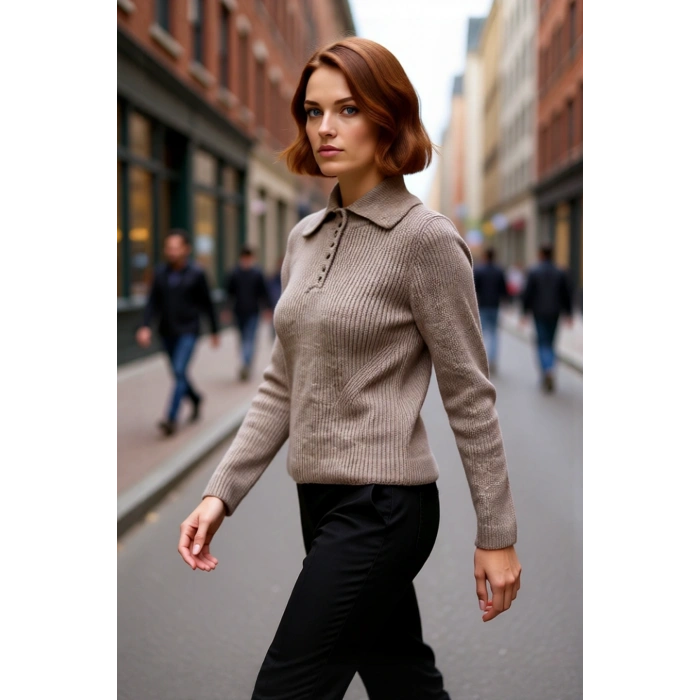 Kadın Regular Kalıp Uzun Kollu Polo Yaka Düğmeli Triko Kazak Günlük Şık Soğuk Havalar İçin