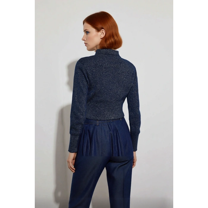 Kadın Regular Kalıp Uzun Kollu Polo Yaka Simli Triko Kazak Gündüz ve Gece Kombinleri İçin İdeal