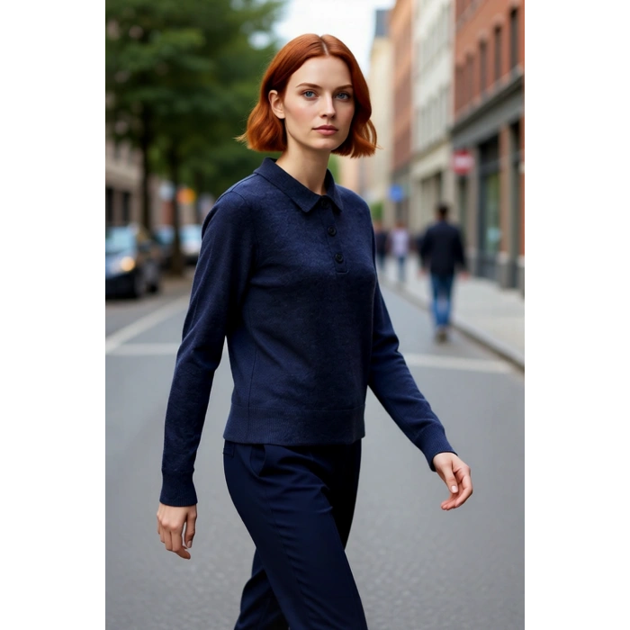 Kadın Regular Kalıp Uzun Kollu Polo Yaka Triko Kazak Kış ve Sonbahar İçin İdeal Basic Model