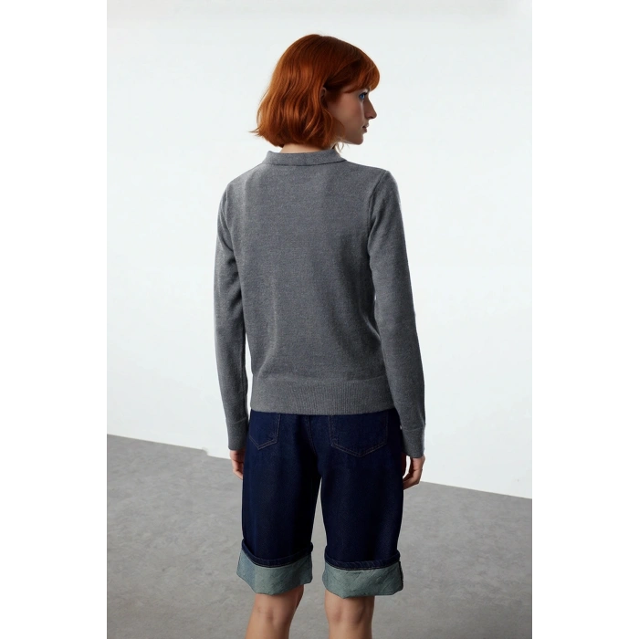 Kadın Regular Kalıp Uzun Kollu Polo Yaka Triko Kazak Kış ve Sonbahar İçin İdeal Basic Model