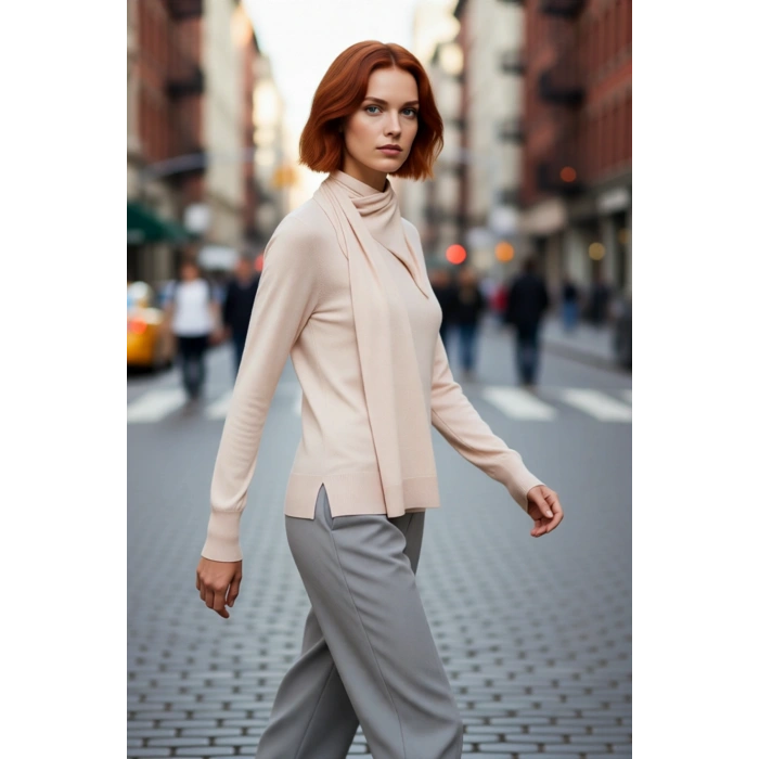 Kadın Regular Kalıp Uzun Kollu Şal Yaka İnce Triko Kazak İlkbahar Sonbahar Şıklığı Kaliteli