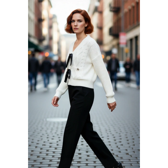 Kadın Regular Kalıp V Yaka Saç Örgü Desenli Düşük Kol Crop Triko Kazak Kurdele Fiyonk Detaylı