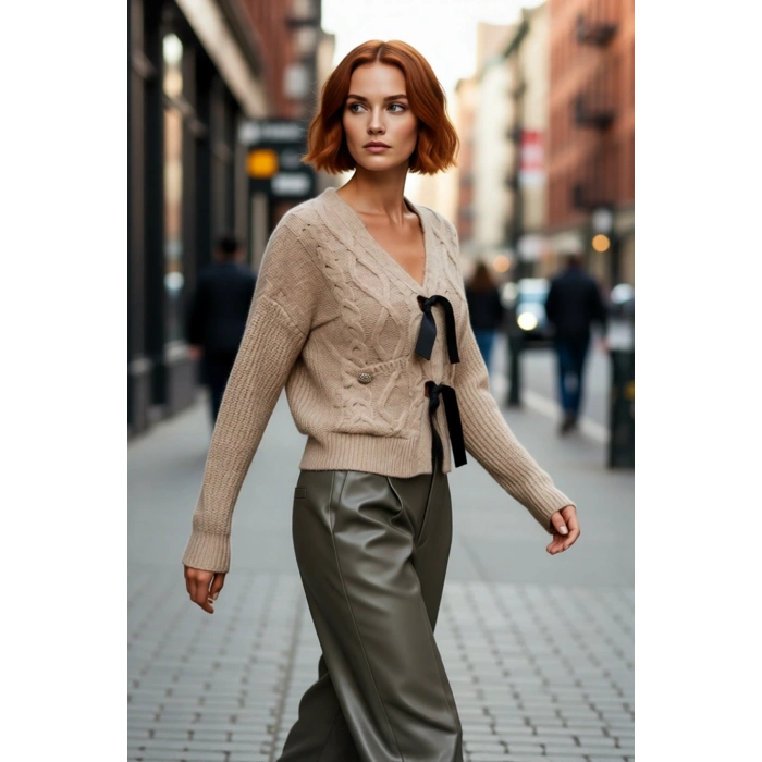 Kadın Regular Kalıp V Yaka Saç Örgü Desenli Düşük Kol Crop Triko Kazak Kurdele Fiyonk Detaylı