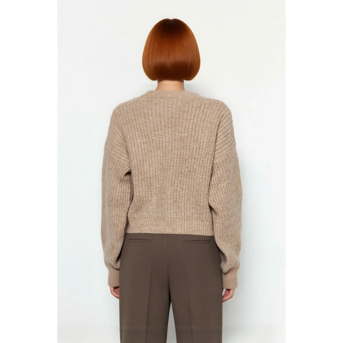 Kadın Regular Kalıp V Yaka Saç Örgü Desenli Düşük Kol Crop Triko Kazak Kurdele Fiyonk Detaylı