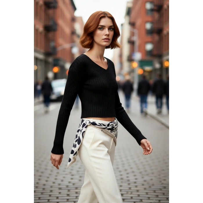 Kadın Regular Kalıp V Yaka Uzun Kollu Crop Boy Fitilli Akrilik Basic Triko Kazak Günlük Kullanım