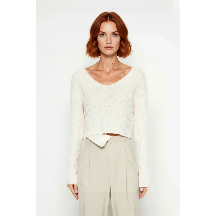 Kadın Regular Kalıp V Yaka Uzun Kollu Crop Boy Fitilli Akrilik Basic Triko Kazak Günlük Kullanım