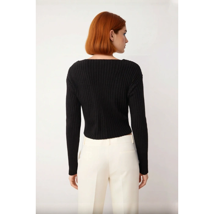 Kadın Regular Kalıp V Yaka Uzun Kollu Crop Boy Fitilli Akrilik Basic Triko Kazak Günlük Kullanım