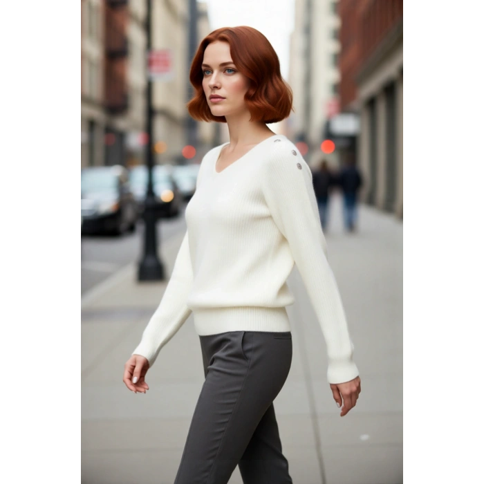 Kadın Regular Kalıp Yumuşak Dokulu Bisiklet Yaka Taş Detaylı Triko Kazak Kış Sezonu İçin Modern