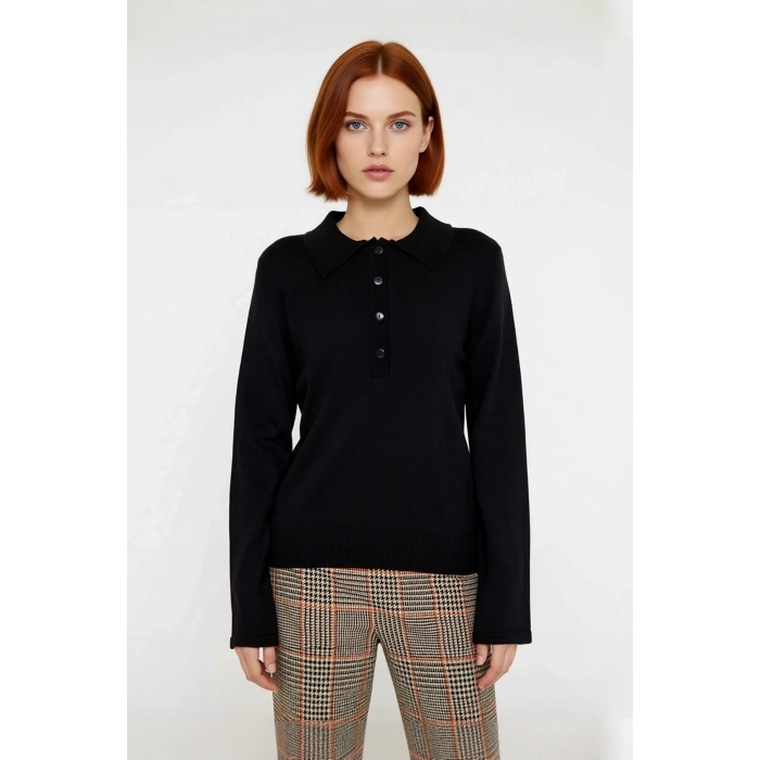 Kadın Regular Kesim Uzun Kollu Casual Polo Yaka Düz Triko Kazak Günlük Şıklığınızı Tamamlar.