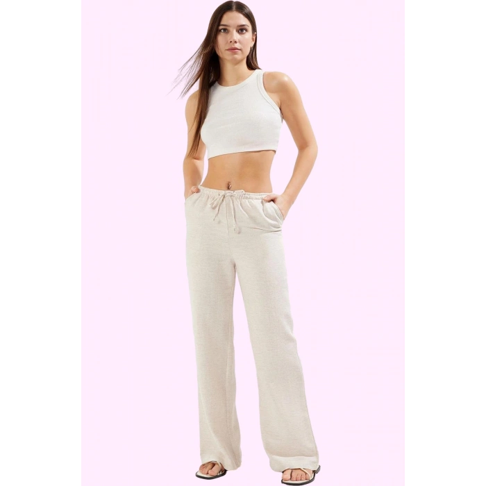 Kadın Regular Pantolon Geniş Paça Wide Leg Keten Görünümlü Dokuma Casual Dayanıklı Malzeme
