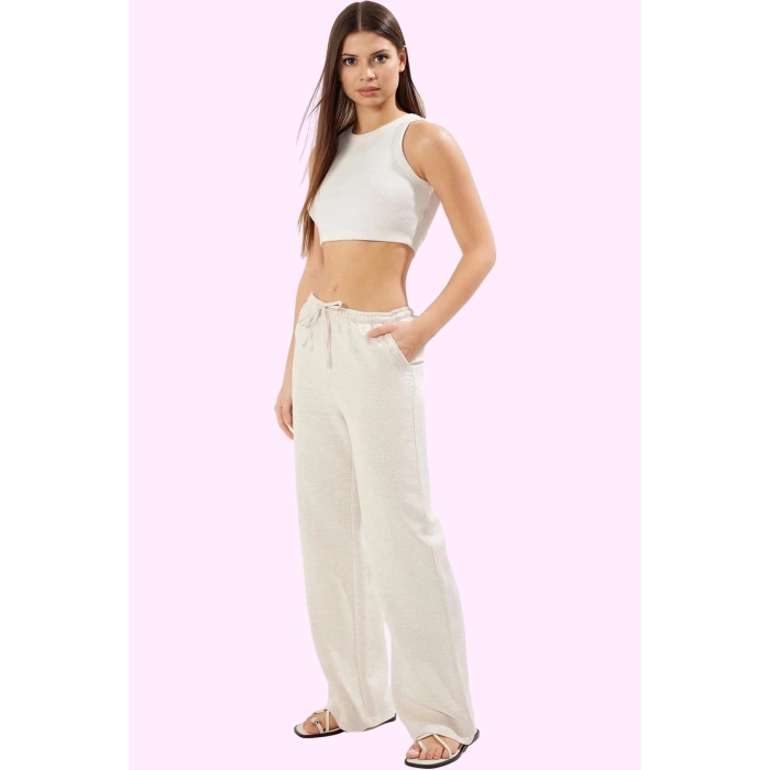 Kadın Regular Pantolon Geniş Paça Wide Leg Keten Görünümlü Dokuma Casual Dayanıklı Malzeme