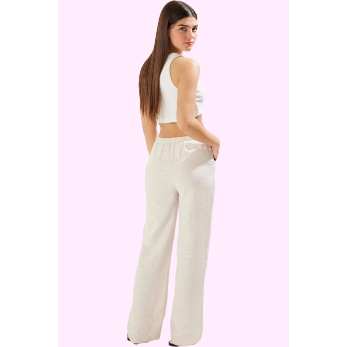 Kadın Regular Pantolon Geniş Paça Wide Leg Keten Görünümlü Dokuma Casual Dayanıklı Malzeme