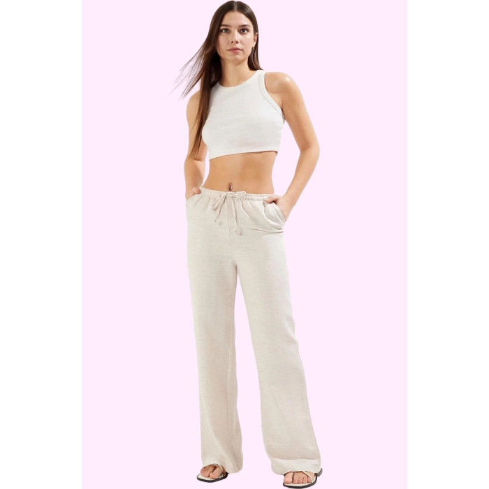 Kadın Regular Pantolon Geniş Paça Wide Leg Keten Görünümlü Dokuma Casual Dayanıklı Malzeme
