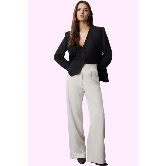 Kadın Regular Yüksek Bel Geniş Paça Pantolon Düz Desen Casual Kış Yaz Aylarının Vazgeçilmezi