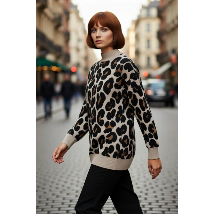 Kadın Relaxed Kalıp Animal Desen Uzun Kollu Dik Yaka Triko Kazak Basic Kışlık Cool Comfort Tarz