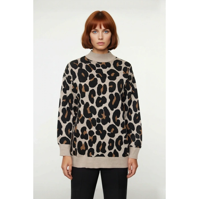 Kadın Relaxed Kalıp Animal Desen Uzun Kollu Dik Yaka Triko Kazak Basic Kışlık Cool Comfort Tarz