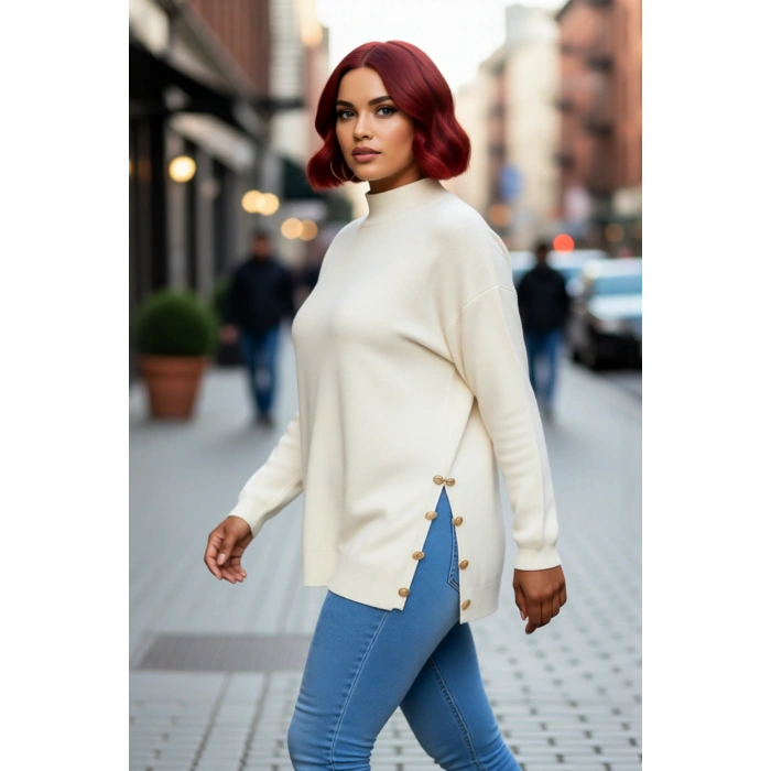 Kadın Relaxed Kalıp Balıkçı Yaka Triko Kazak Yan Düğme Detaylı Uzun Kol Kışlık Şıklık Sunar