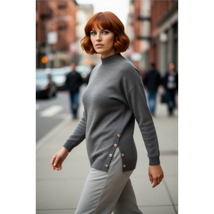 Kadın Relaxed Kalıp Balıkçı Yaka Triko Kazak Yan Düğme Detaylı Uzun Kol Kışlık Şıklık Sunar