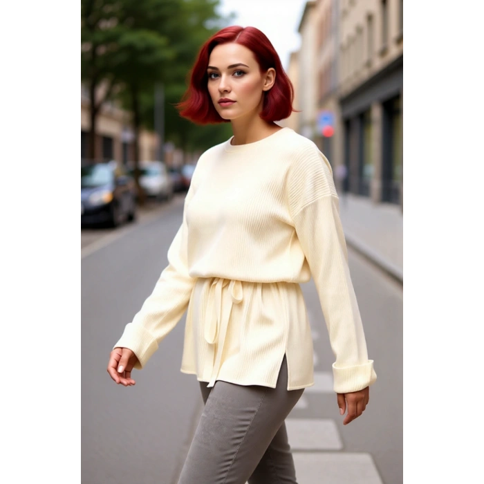 Kadın Relaxed Kalıp Beli Kuşaklı Bisiklet Yaka Uzun Düz Fitilli Triko Kazak Günlük Kullanım İçin