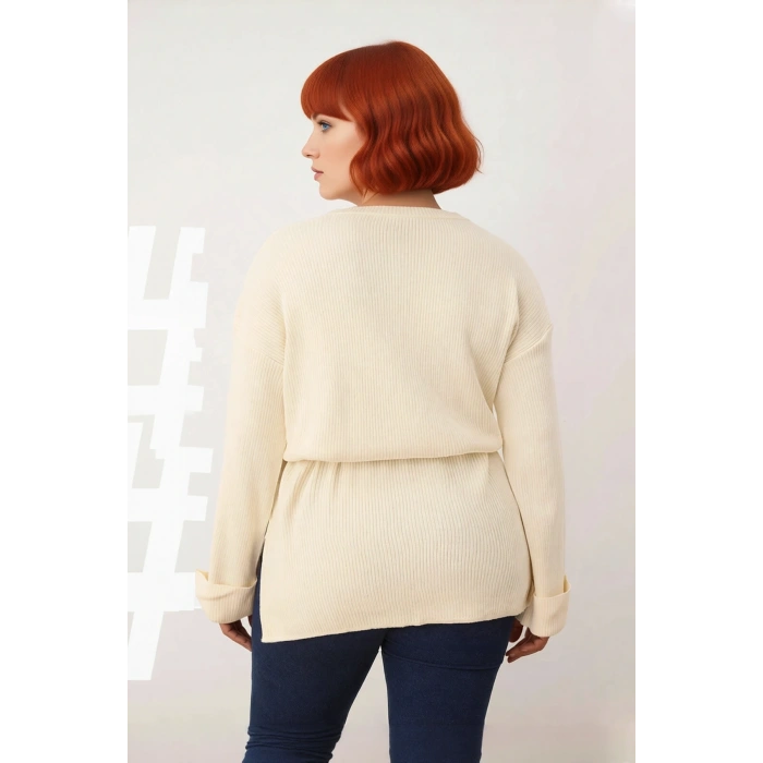 Kadın Relaxed Kalıp Beli Kuşaklı Bisiklet Yaka Uzun Düz Fitilli Triko Kazak Günlük Kullanım İçin