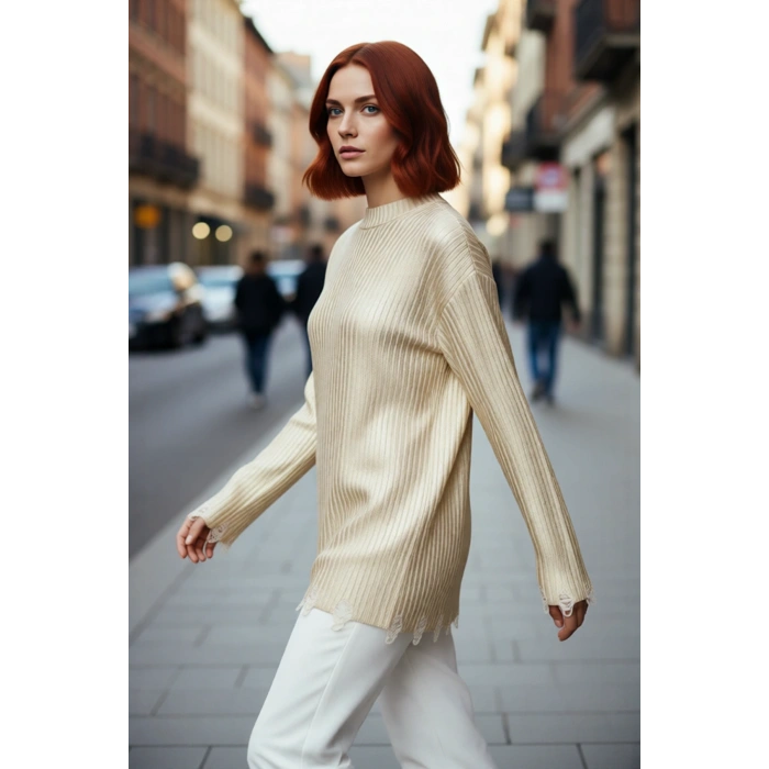 Kadın Relaxed Kalıp Bisiklet Yaka Düşük Kol Ribana Triko Kazak Sonbahar Kış Stili Basic Siluet