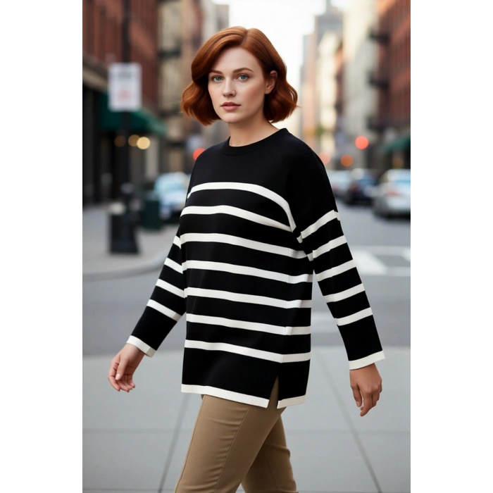 Kadın Relaxed Kalıp Çizgili Bisiklet Yaka Uzun Kol Triko Kazak Kış Sezonu İçin Şık Ve Konforlu