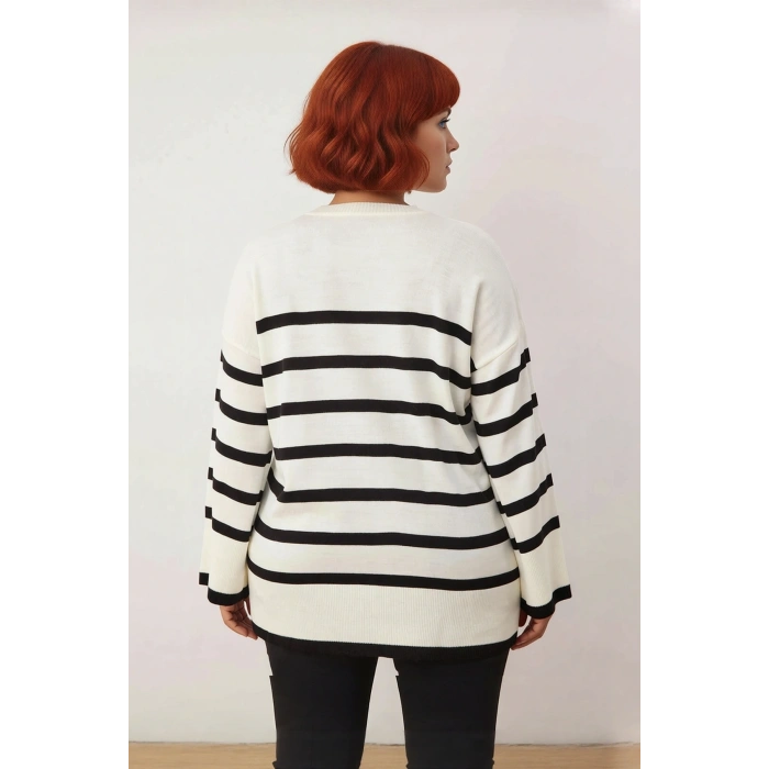 Kadın Relaxed Kalıp Çizgili Bisiklet Yaka Uzun Kol Triko Kazak Kış Sezonu İçin Şık Ve Konforlu