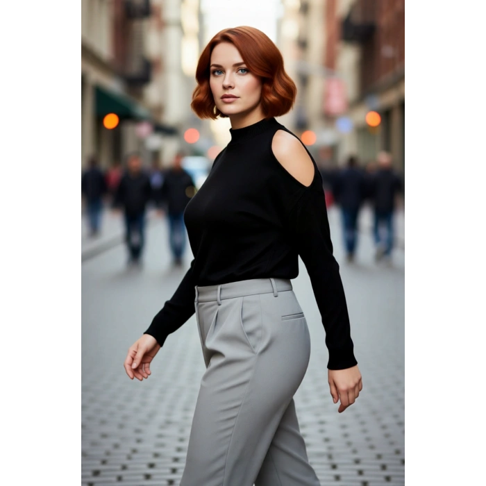 Kadın Relaxed Kalıp Dik Yaka Düşük Uzun Kollu Omzu Açık Detaylı Modern Konforlu Triko Kazak