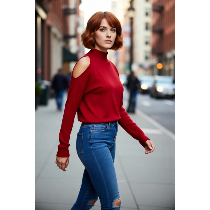 Kadın Relaxed Kalıp Dik Yaka Düşük Uzun Kollu Omzu Açık Detaylı Modern Konforlu Triko Kazak