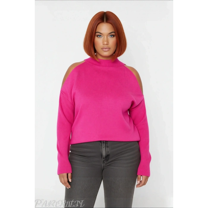 Kadın Relaxed Kalıp Dik Yaka Düşük Uzun Kollu Omzu Açık Detaylı Modern Konforlu Triko Kazak