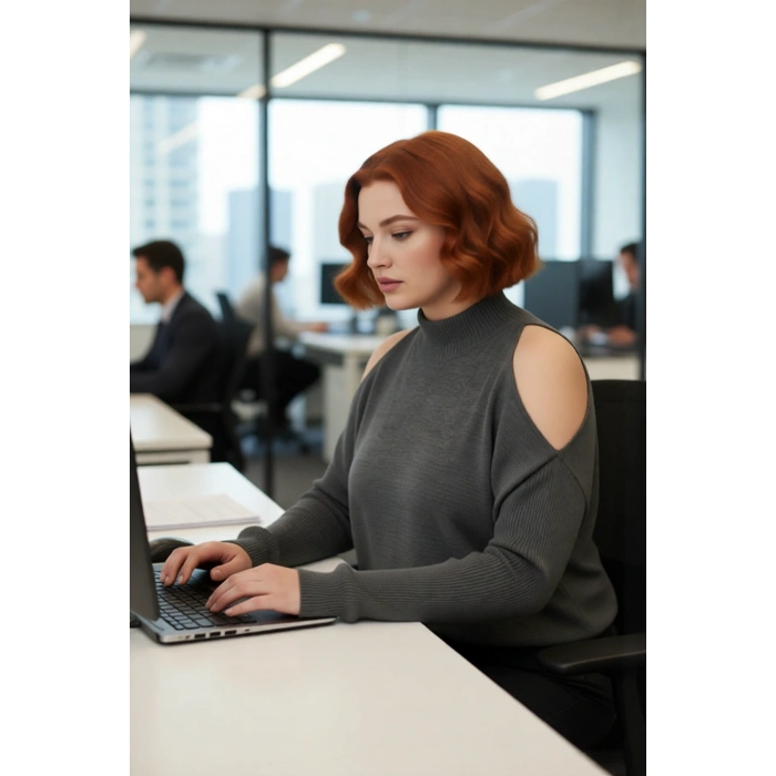 Kadın Relaxed Kalıp Dik Yaka Düşük Uzun Kollu Omzu Açık Detaylı Modern Konforlu Triko Kazak