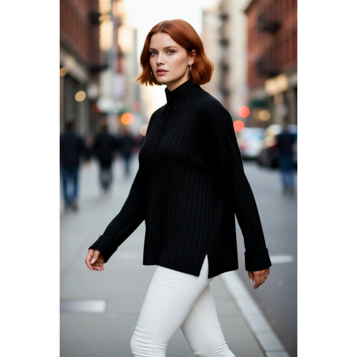 Kadın Relaxed Kalıp Dik Yaka Fitilli Dokuma Düğmeli Triko Kazak Kış Günleri İçin Konfor ve Şıklık